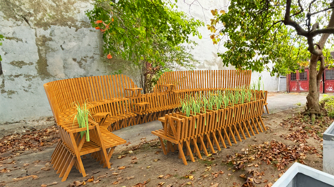 Wooden bench with planters